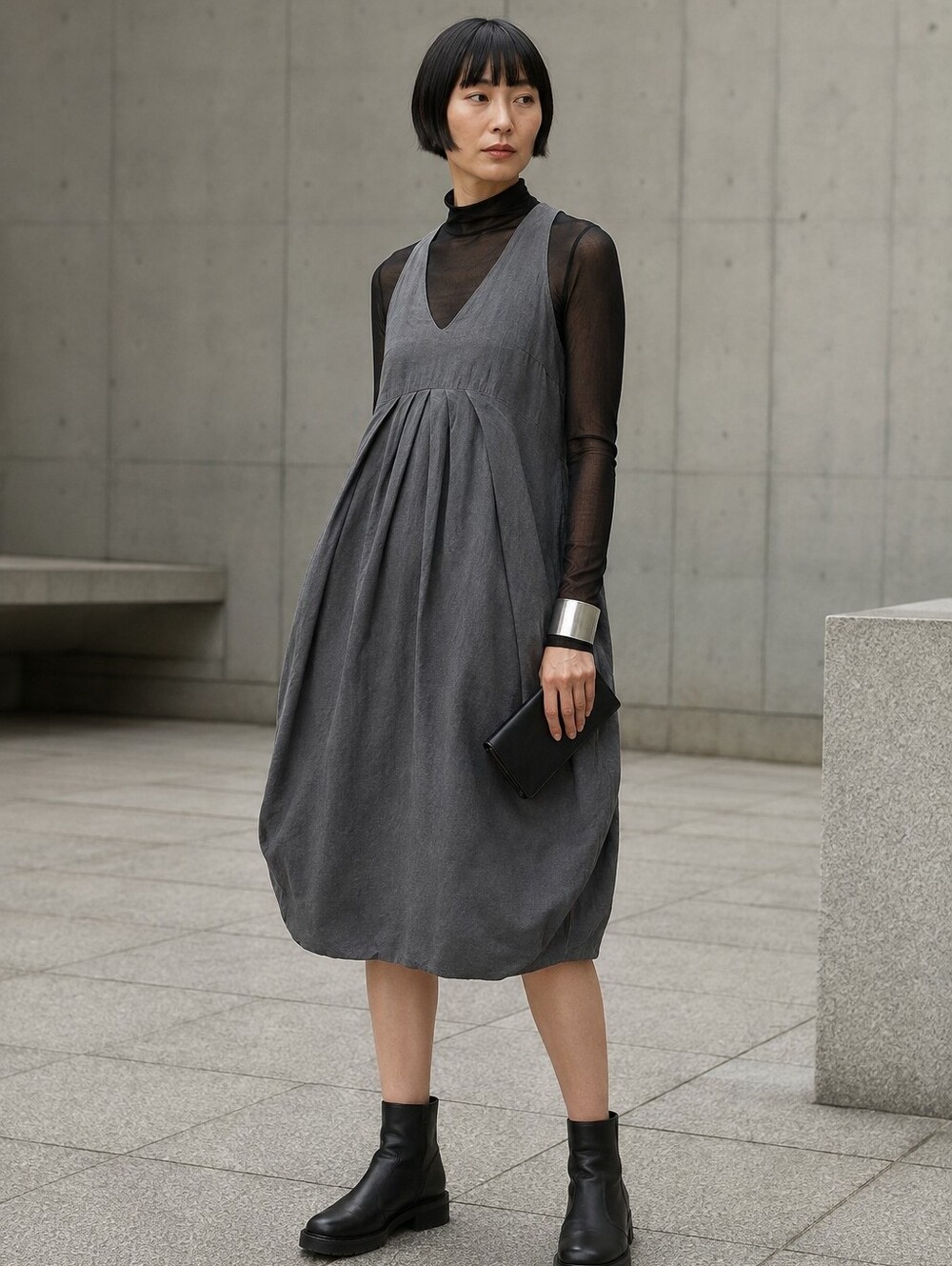 Sarah Pacini Grey Architectural Cocoon Dress, Size Small